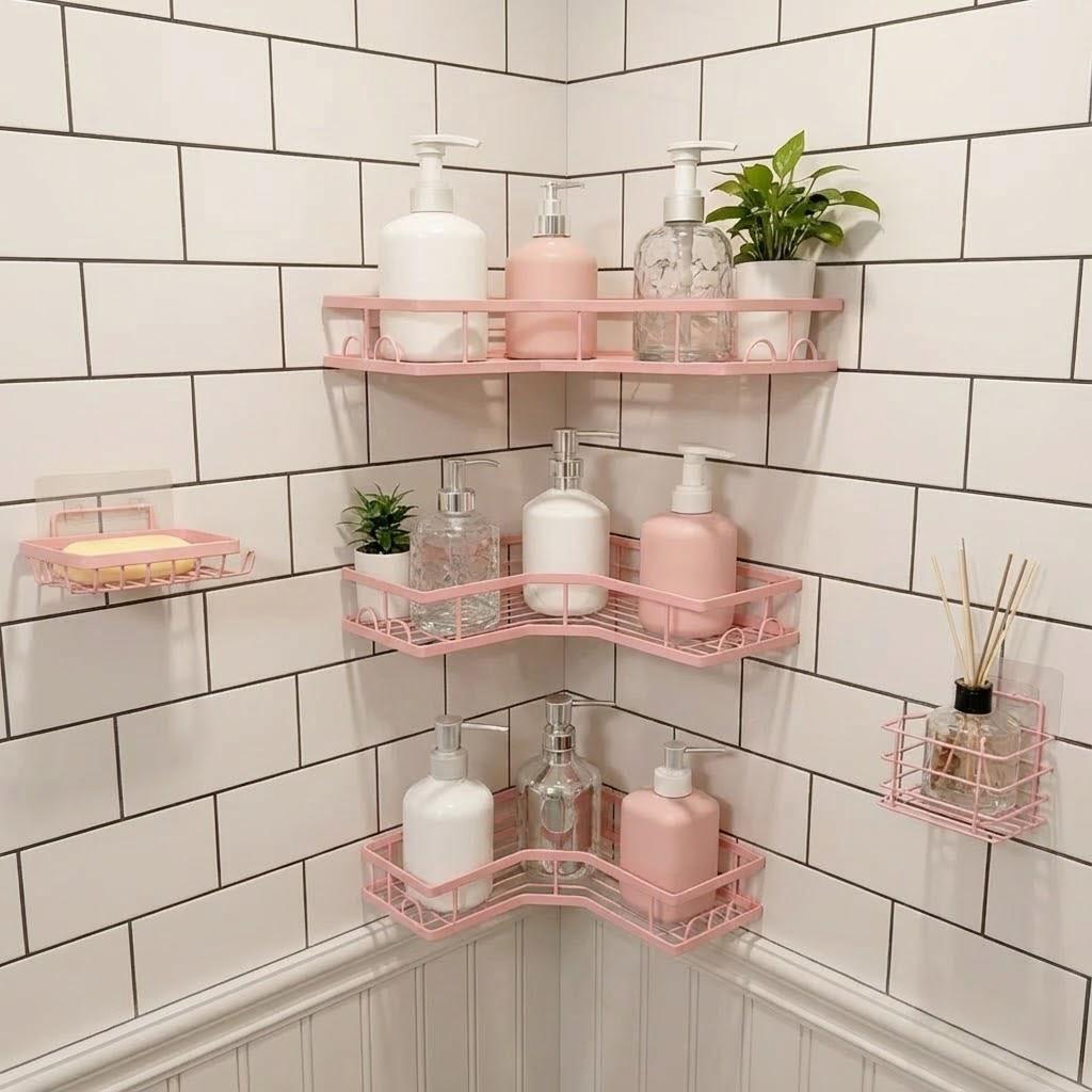 Home Essentials Bathroom Storage - 5Pcs Minimalist Pink Shower Organizer Set
