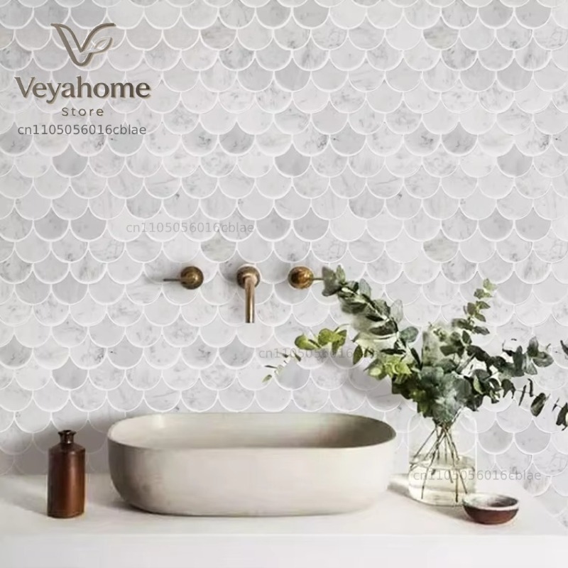 Fish Scale Scalloped Marble Mo - Home Bathroom Floor Tiles review and price
